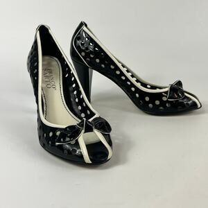 Anthropologie Franco Sarto Womens 6M Leather Heels Pumps Peep Toe Bow Black